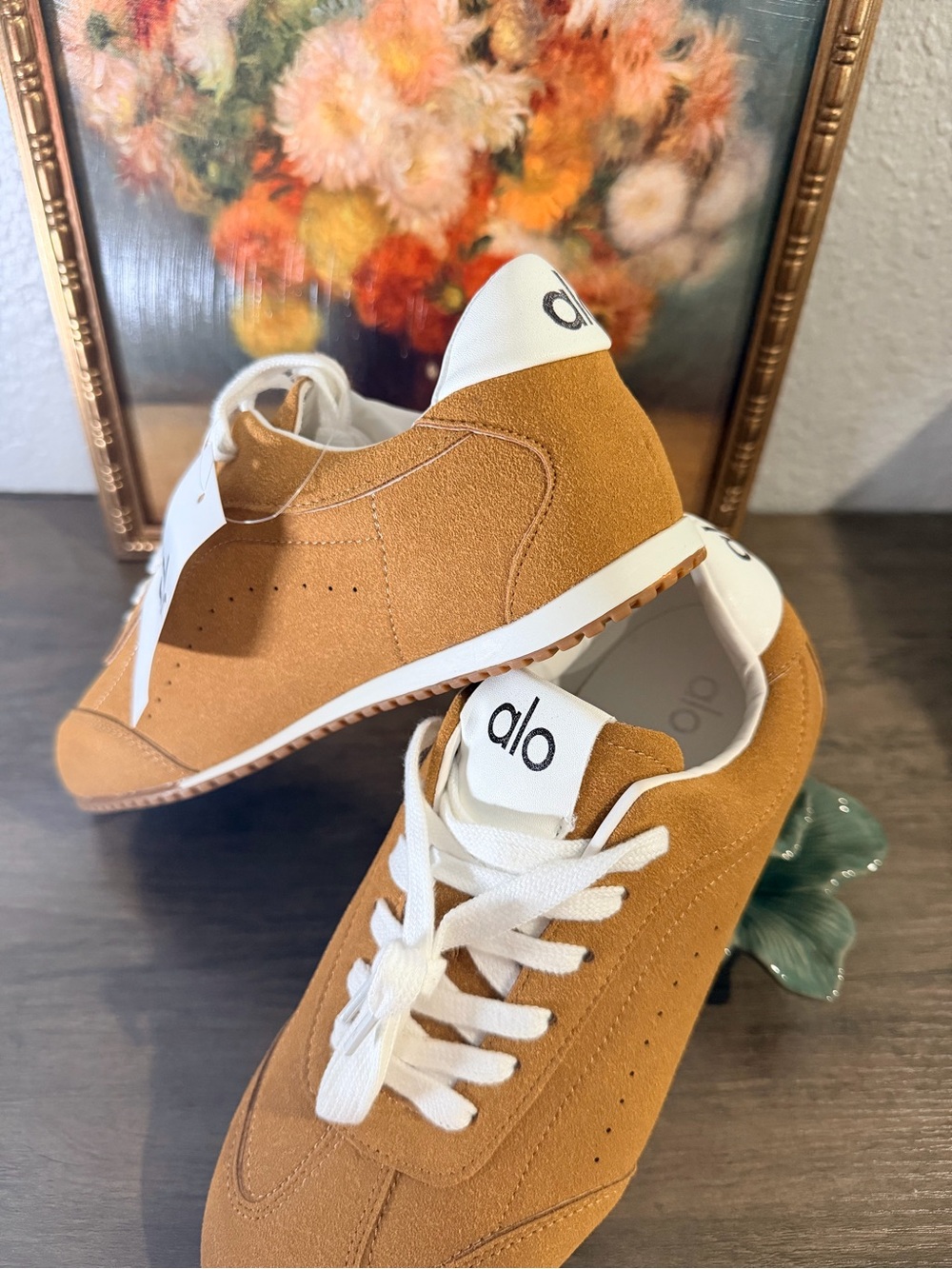 ALO Yoga Men’s Tan Suede Lace-Up Sneakers with White Accents